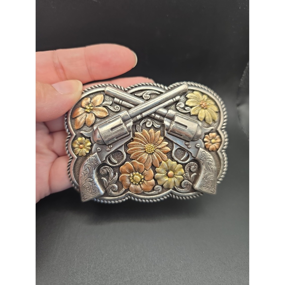 Bandit Queen Flower 6 Shooters Guns Rose Tony Lama Belt Buckle Cowboy Cowgirl